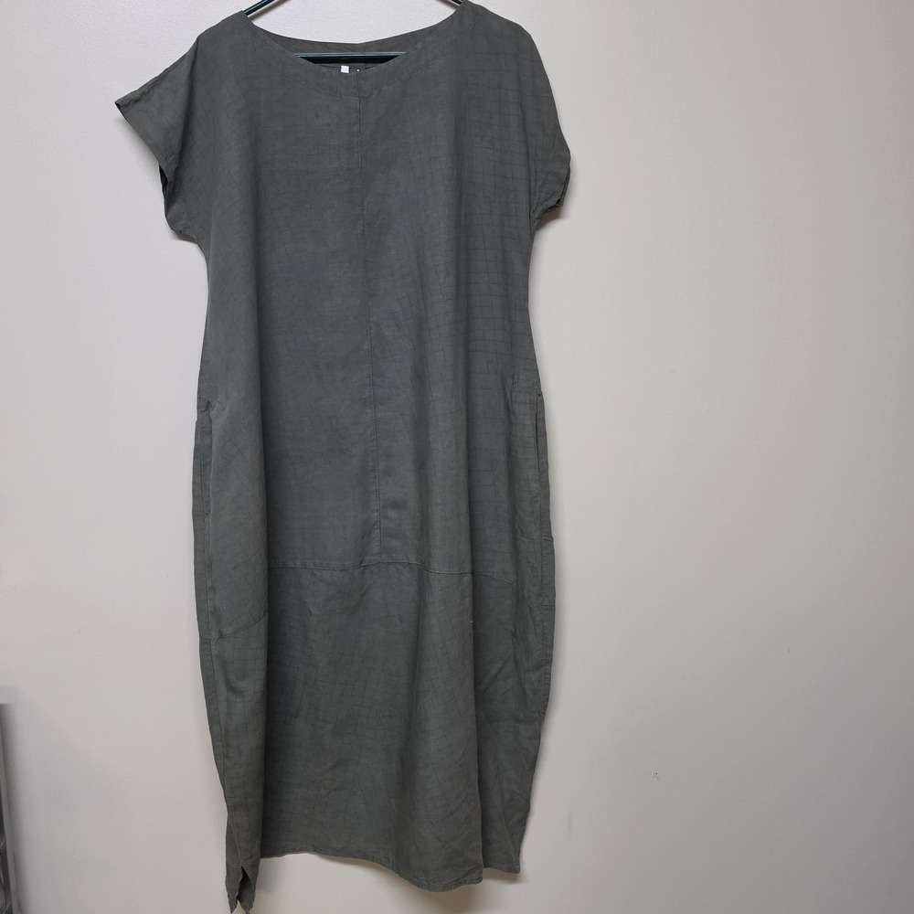 ISCHIKO Linen Lyocell Dress Lagenlook Boho Gray Midi Shift Loose Sz 0 Minimalist